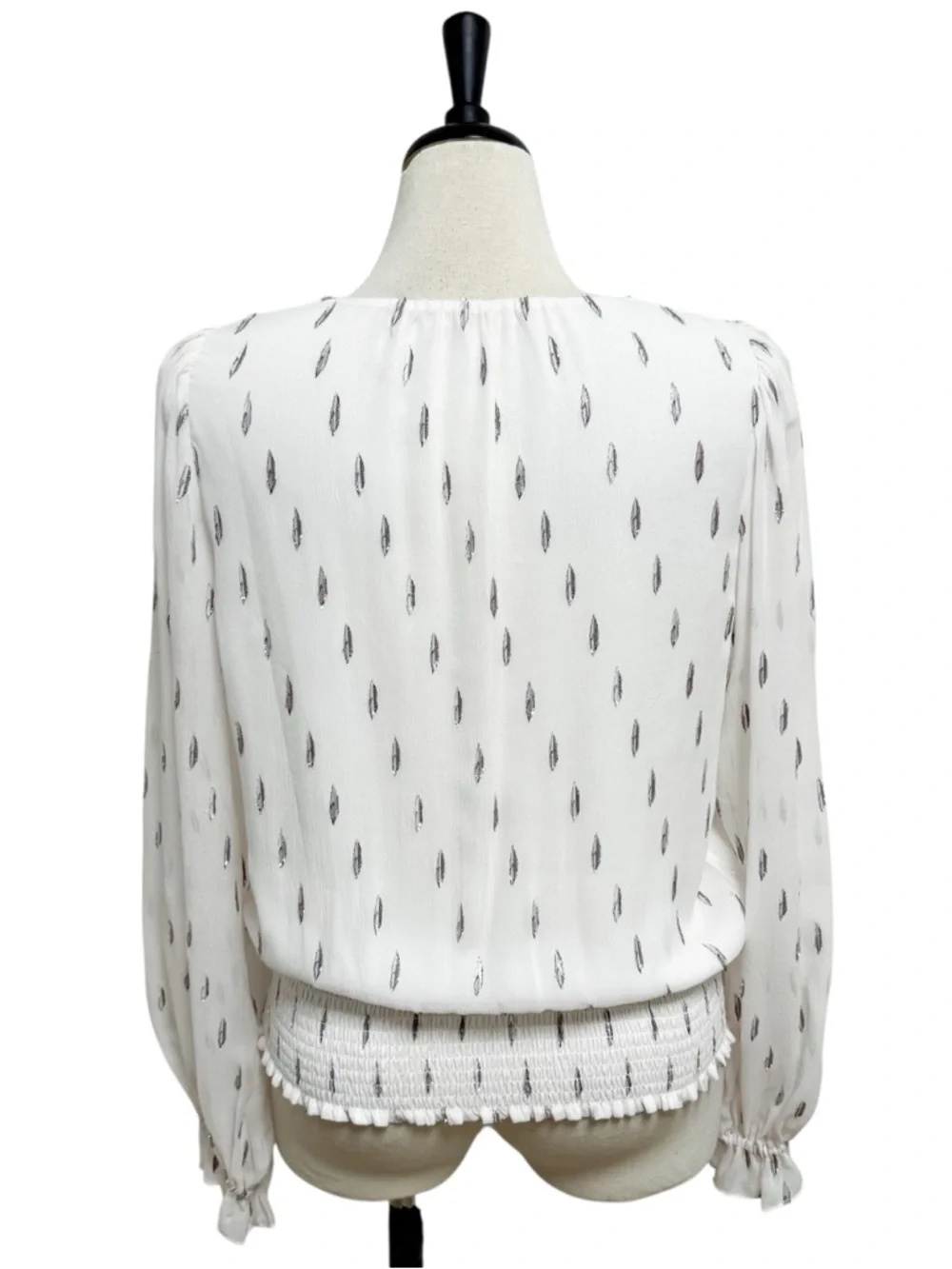 Ramy Brook Off White Purple Metallic V Neck Sheer Puff Long Sleeve Silk Blouse L